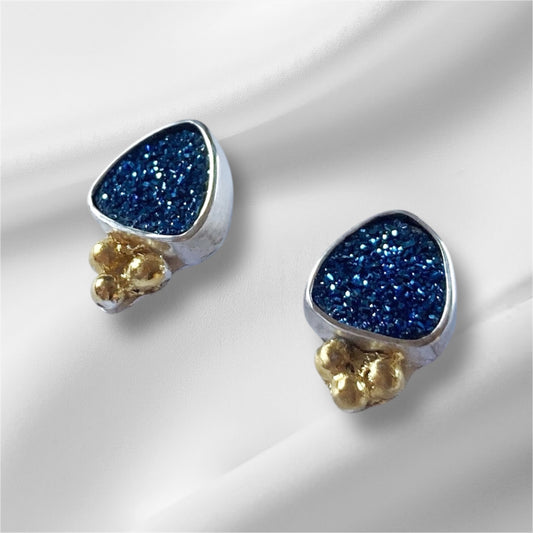 Blue Druzy Earrings Bezel Set Earrings Silver and Gold