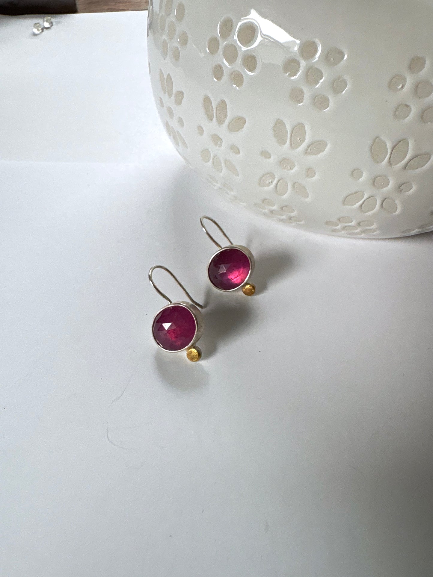 Pink Sapphire Earrings in Sterling Silver with Gold Detail