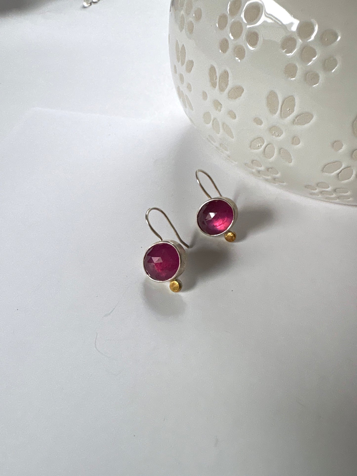 Pink Sapphire Earrings in Sterling Silver with Gold Detail