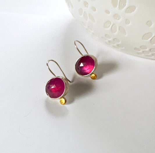 Pink Sapphire Earrings in Sterling Silver with Gold Detail