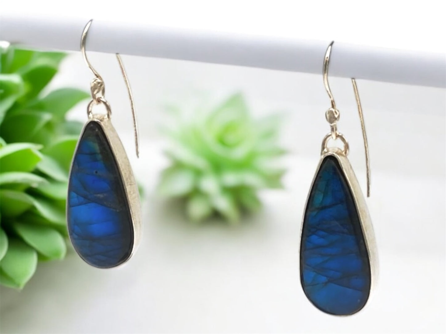 Labradorite Earrings Bezel Set in Sterling Silver